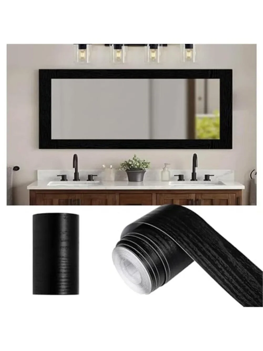 10M Black Wood Grain Mirror Frame Border Peel and Stick Wallpaper,